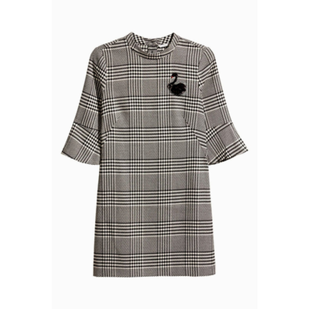H&M Black and White Woven Houndstooth Dress with Sequin Swan Sz 4